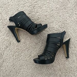 Franco Sarto Black Leather Strappy Bootie Sandal High Heel Size 7